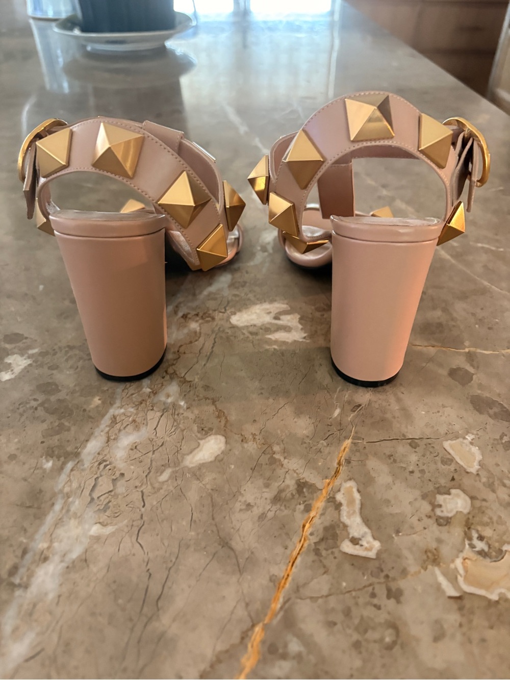 Valentino Nude Pink Leather Studded T-Strap Sandals with Gold Pyramid Studs - Picture 2 of 4